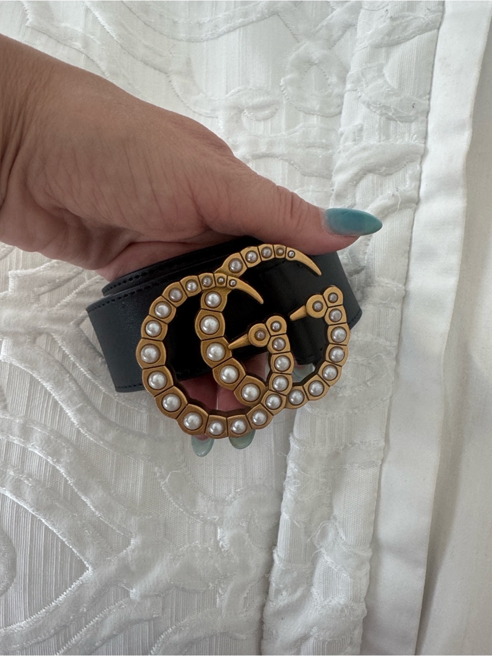 Gucci Black Leather Belt with Pearl-Embellished Gold Double-G Buckle